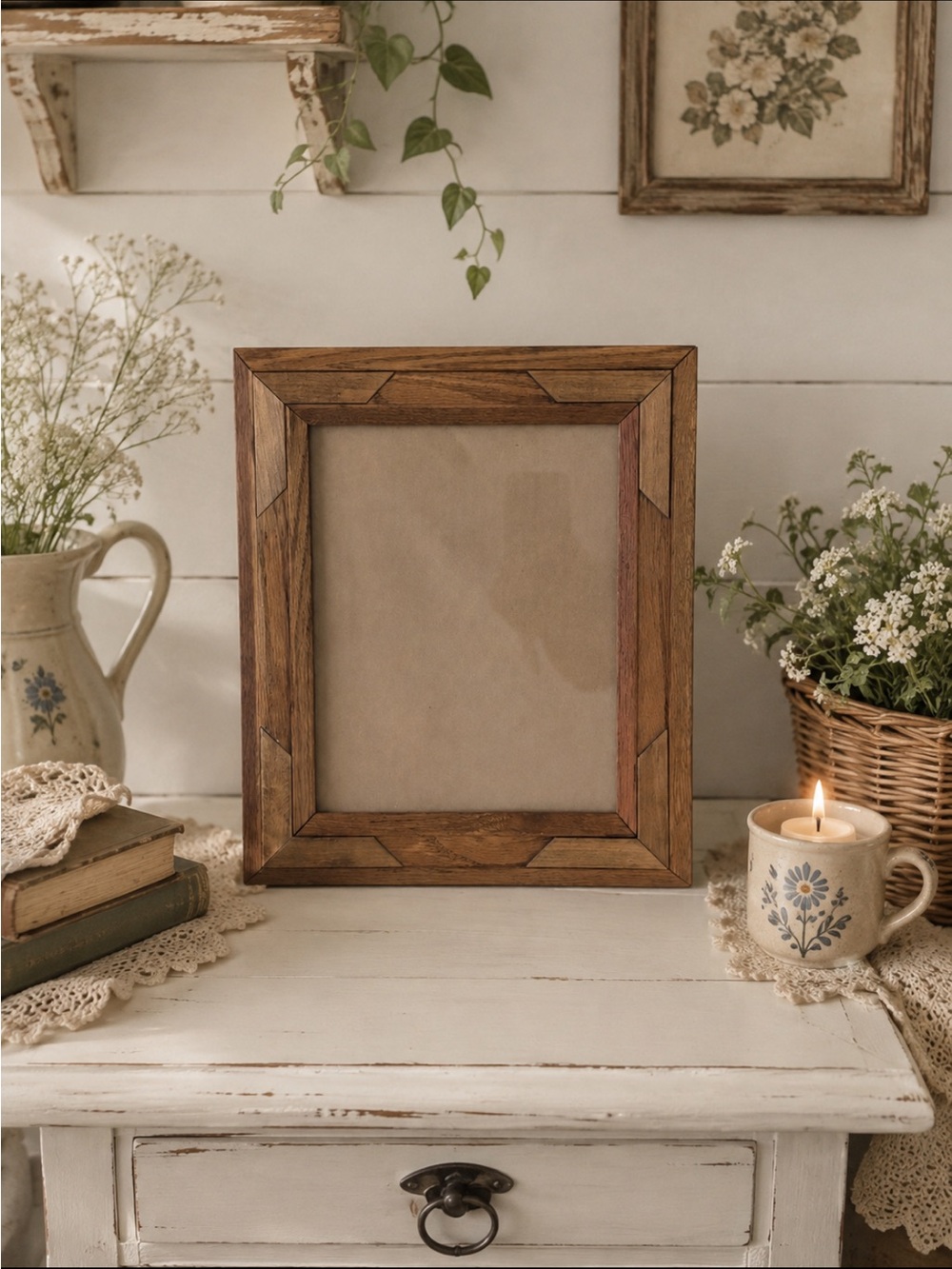 Vintage Rustic Oak Wood Farmhouse Picture Frame 7x9” Cottagecore Decor
